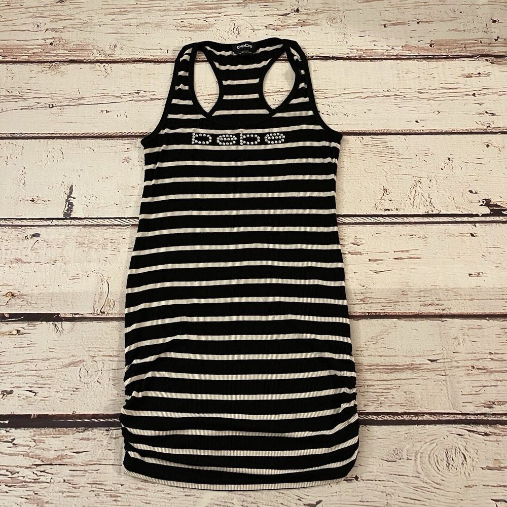 Vintage Y2K/90's Bebe Rhinestone Logo Mini Bodycon Striped Dress Small USA